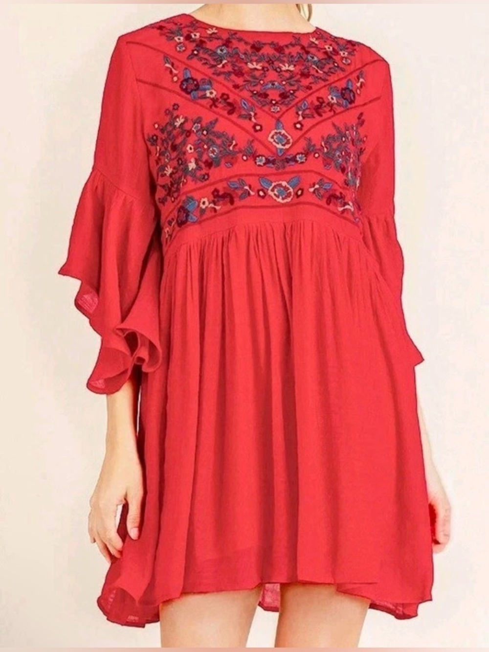 Umgee Size M Floral Embroidered Bell Sleeve Boho Babydoll Red Strawberry Dress
